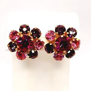 Vintage Made in Austria Pink Rhinestone Earrings Clip On Mid Century Jewelry